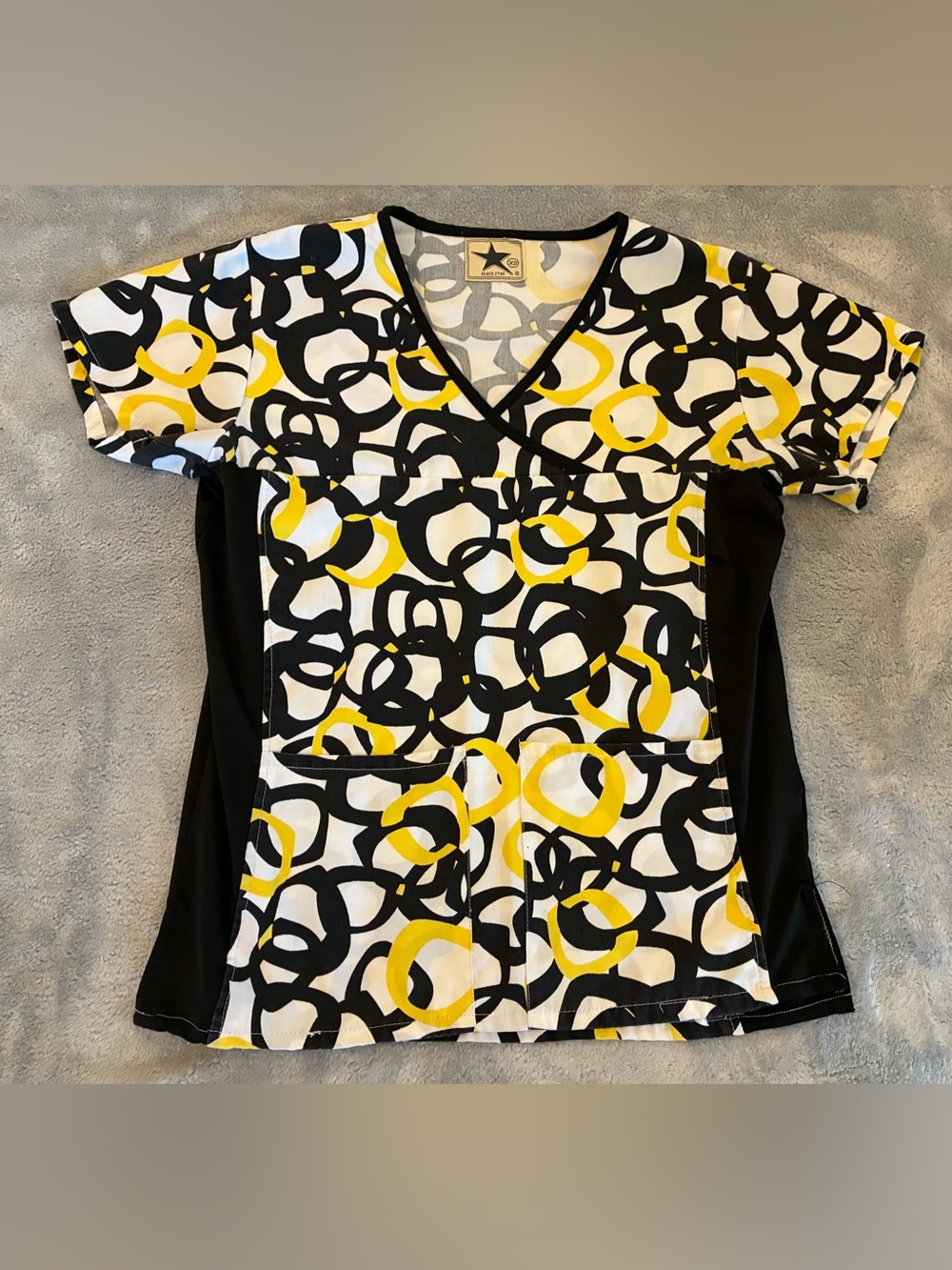 Women’s Black Star Brand Abstract V-Neck Scrub Top - Black & Yellow Size X-Small